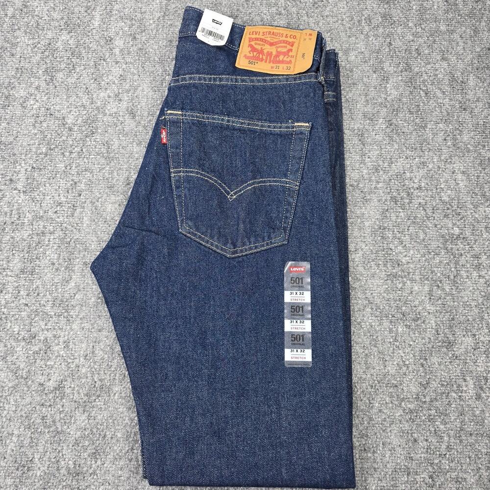 Levis 501 Jeans Mens 31x32 Blue Denim Straight Leg Button Fly Stretch Original